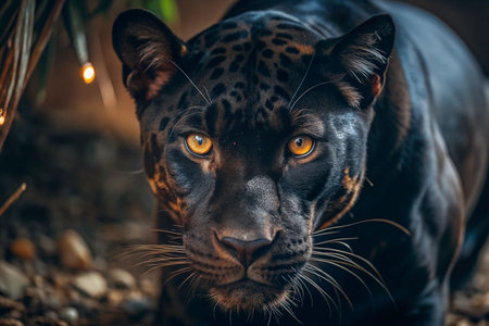 Black jaguar close-up, jungle habitat, focused gaze, background lightsの素材