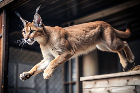 Caracal leaping, wooden shelter, outdoors, wildlifeの素材