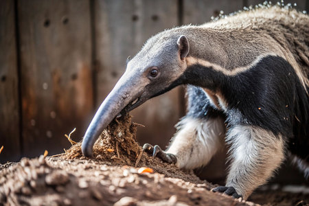 Zoo ant eater eating roots, wooden enclosure backgroundの素材