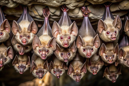 Bats hanging in cave, close-up, wildlife, dark backgroundの素材