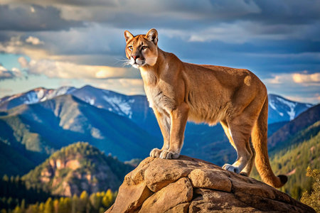 Mountain Lion on Rocky Peak, Dramatic Skyの素材