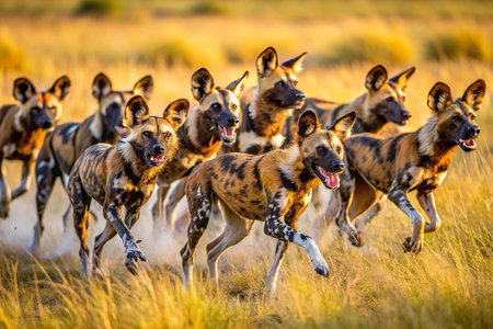 African wild dogs running in savanna at sunriseの素材