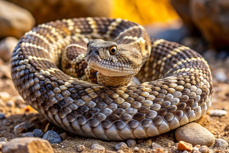 Desert Rattlesnake coiled, alert, rocks background.  Possible use Educational, scientificの素材