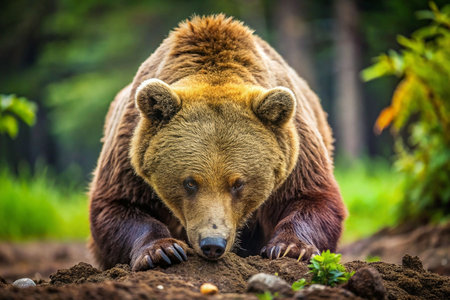 Brown bear foraging in forestの素材