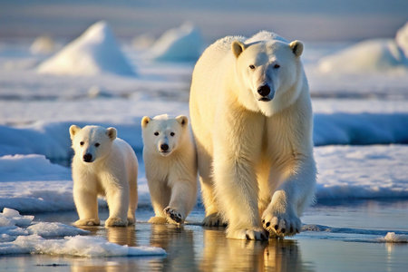 Polar bears mother and cubs walking on ice floes in Arcticの素材