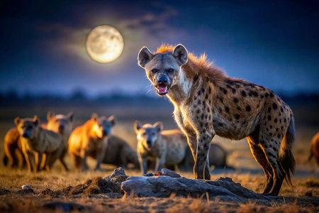 Hyena pack at dawn, full moon, savannaの素材