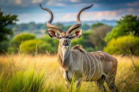 Majestic Kudu Bull in African Savanna Landscapeの素材