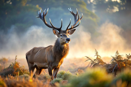 Majestic stag in morning mist, forestの素材