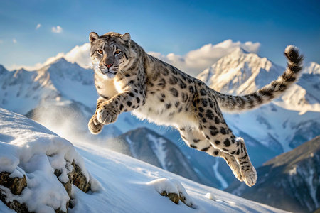 Snow Leopard Leaping Over Snowy Mountain Peaksの素材
