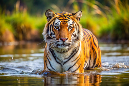 Majestic tiger wading in a tranquil pond, vibrant jungle backdrop.  Possible use wildlife, nature, conservationの素材