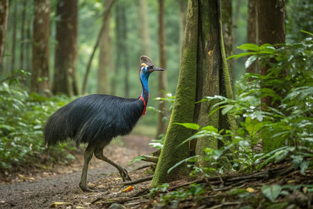 Southern Cassowary walking forest pathの素材