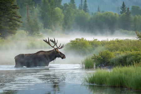 Majestic moose in misty forest riverの素材