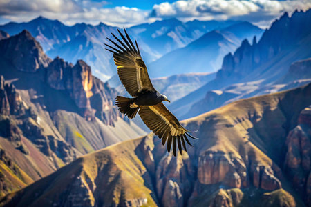 Andean Condor soars above dramatic mountain rangeの素材