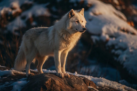Arctic wolf stands on rock at sunset, snowy backdropの素材