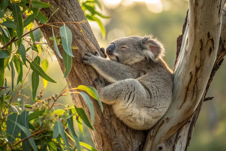 Sleepy Koala Napping in Eucalyptus Tree at Sunriseの素材
