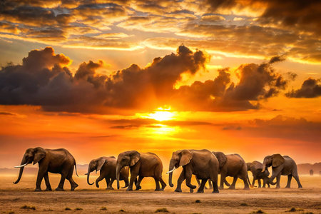 African Elephants Herding at Sunset in Savannaの素材