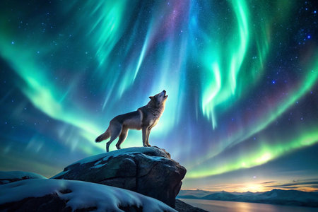 Arctic wolf howls at aurora borealisの素材