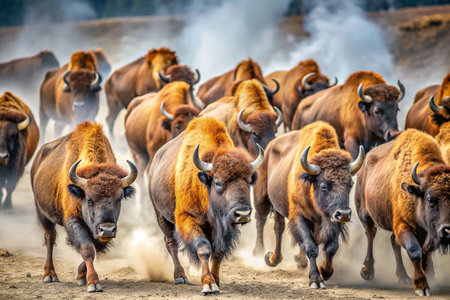 Wild Bison Herd Running Through Dusty Field with Smoke in Backgroundの素材