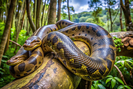 Jungle Anaconda coiled on branch, lush forest backdropの素材