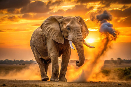 Majestic elephant strides African savanna at sunset, dust cloudsの素材