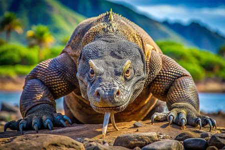 Komodo Dragon stares at viewer on rocky shoreline, tropical mountains in background.  Possible use nature, wildlife, travelの素材