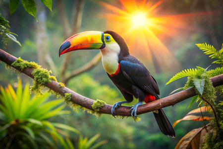 Colorful Toucan perched in rainforest at sunriseの素材