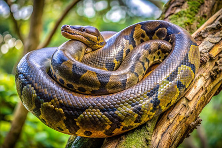 Jungle python coiled on tree branch, lush backgroundの素材