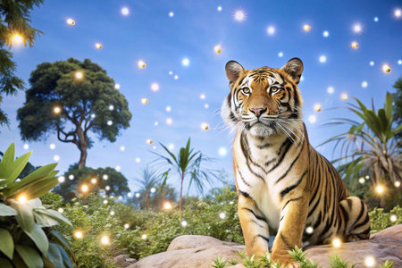 Tiger sits in enchanted forest at nightの素材