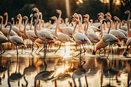 Flamingos feeding in sunset marshの素材