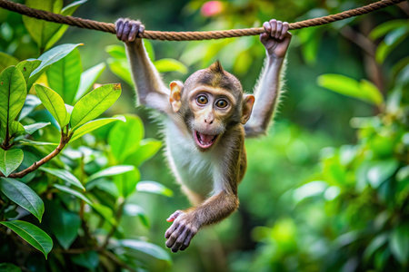 Playful monkey hanging from rope in jungleの素材