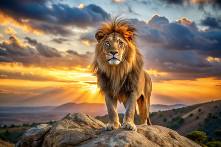 Majestic Lion at Sunset atop African Mountainの素材