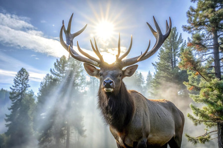 Majestic Elk Facing Sun in Misty Forestの素材