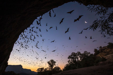 Bats emerge from cave at duskの素材