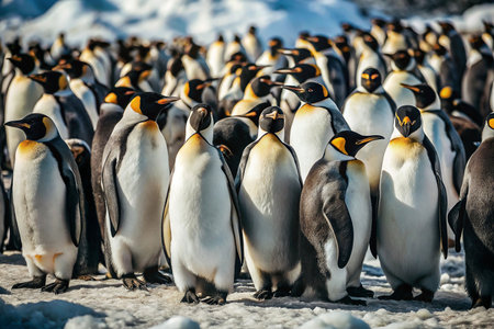 Antarctic King Penguins huddle on snowy beach, colony backgroundの素材