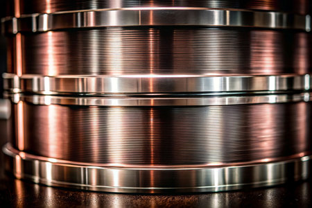 Close-up of stacked copper-colored metal spoolsの素材