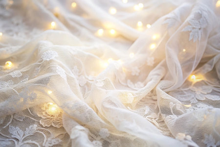 Soft, ivory lace fabric draped with warm fairy lightsの素材