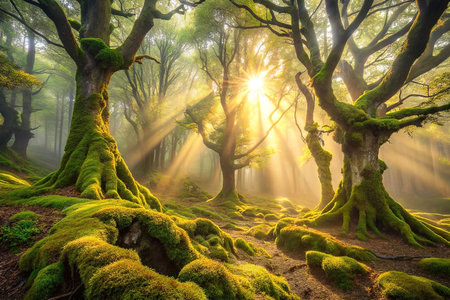 Sunbeams piercing mossy forest floorの素材