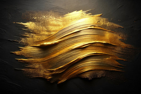 Gold paint brushstrokes on dark slate backdropの素材
