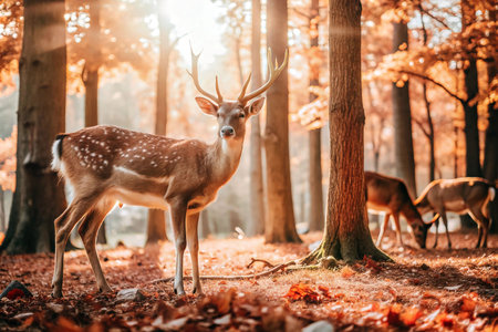 Autumn forest deer in sunlightの素材