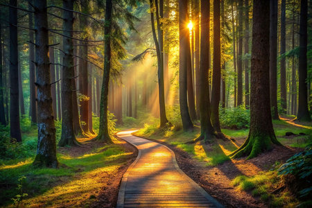 Sunbeams Path Through Misty Forestの素材