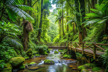 Lush rainforest trail, wooden bridge over creek, misty background, nature photographyの素材