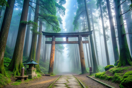 Misty Forest Path with Wooden Torii Gateの素材