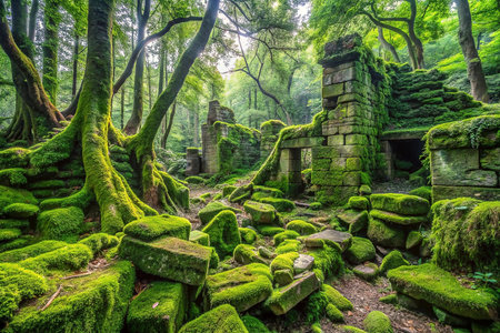 Moss-covered ruins in lush forestの素材