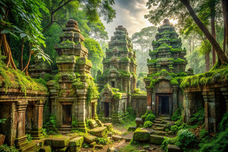 Sunlit, overgrown ancient temples, jungle backdropの素材