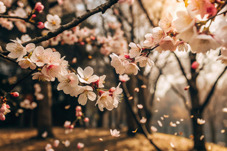 Blossoming Cherry Trees, Falling Petals, Spring Park, Sunlight Filtering Through Branchesの素材