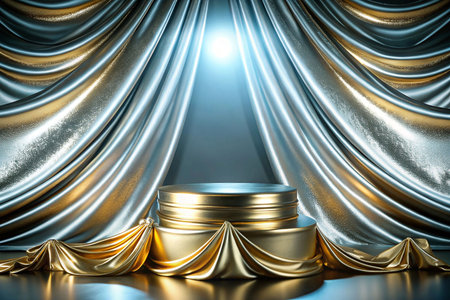 Luxurious gold &amp; silver draped stage podium for product displayの素材