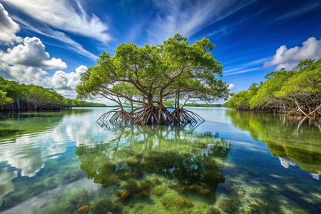 Mangrove Tree Reflection, Calm Lagoon, Sunny Skyの素材