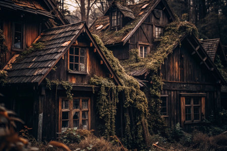 Dark Wooden Houses Covered in Vines, Forest Backgroundの素材