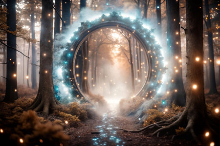 Mystical forest portal, glowing ring, path, sunriseの素材