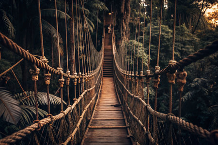 Jungle rope bridge walkway at dusk, adventure tourismの素材